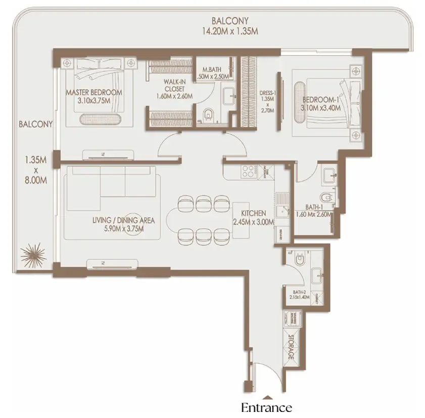 Veona by Gutti 2 bed floor plan, 1,368 sqft