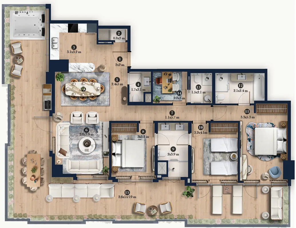 Hilton Residences Dubai JLT 3 bed floor plan, 1,419 sqft