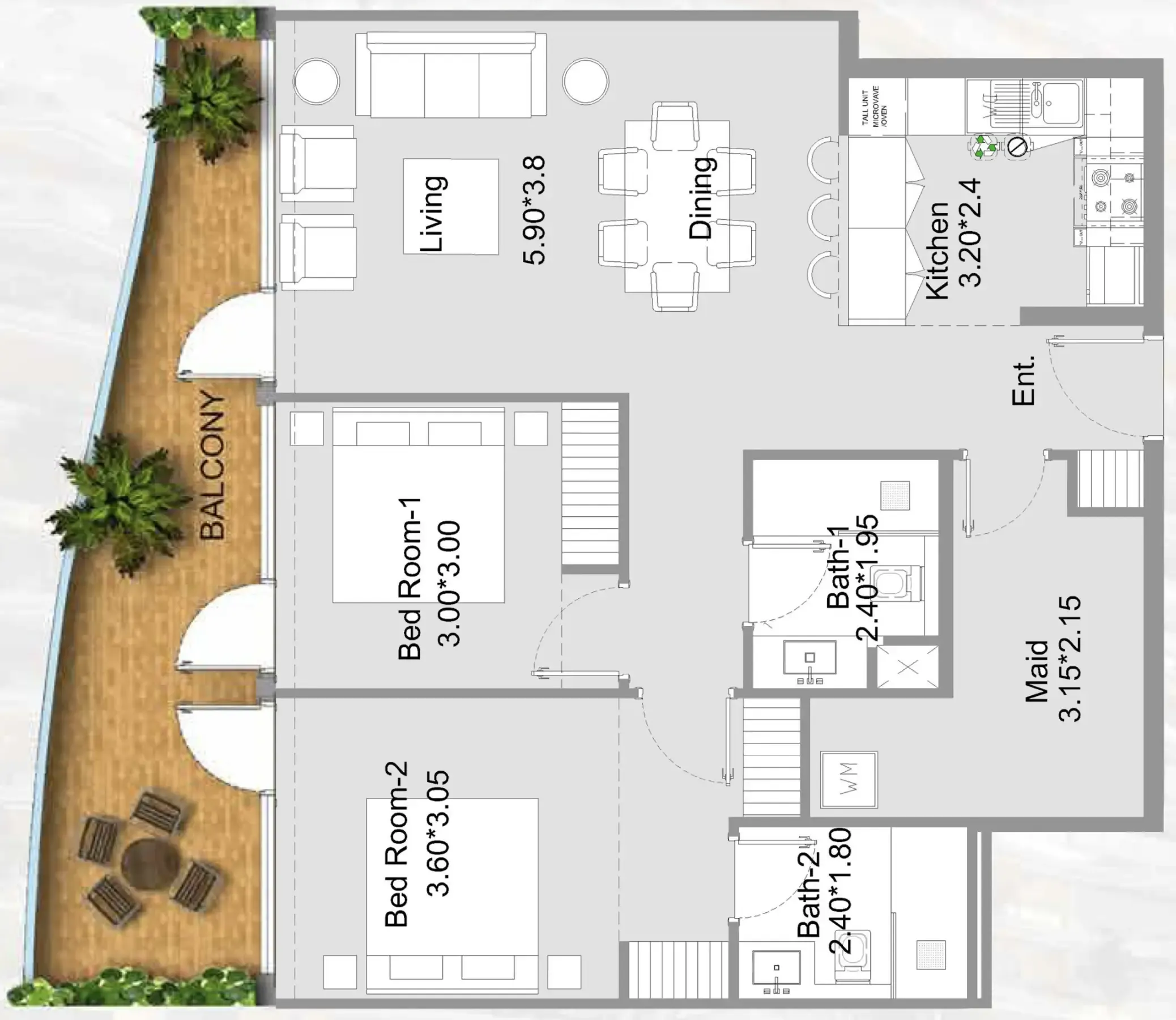 311 Boulevard 2 bed floor plan, 1,216 sqft