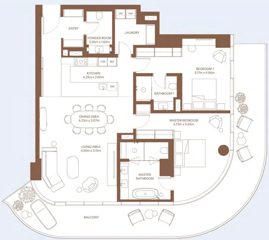 Dubai Harbour Residence 2 bed floor plan, 2,552 sqft