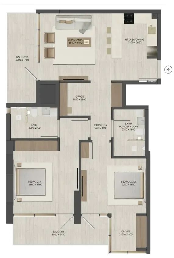 JAD 288 2 bed floor plan, 1,159 sqft