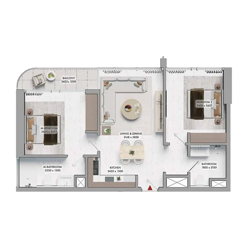 Elmora 2 bed floor plan, 651 sqft