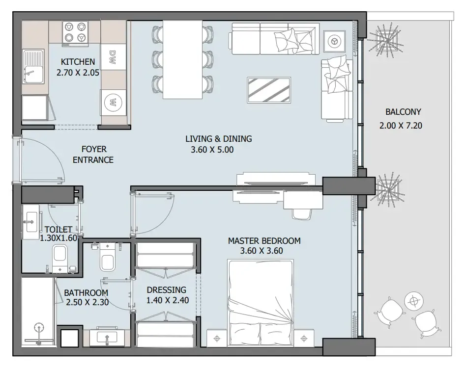 Oceana 1 bed floor plan, 803 sqft