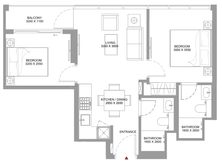 Bayfront Marina Residences 2 bed floor plan, 653 – 654 sqft
