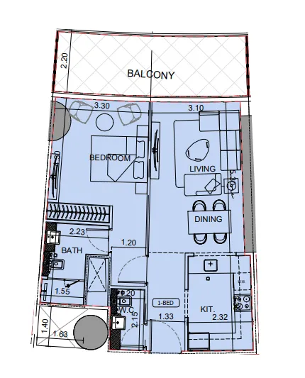 Binghatti Aquarise 1 bed floor plan, 813 sqft