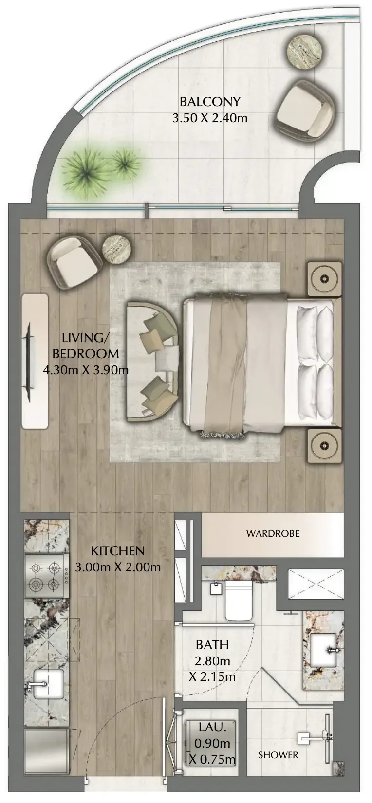 One Residence Studio floor plan, 470 sqft