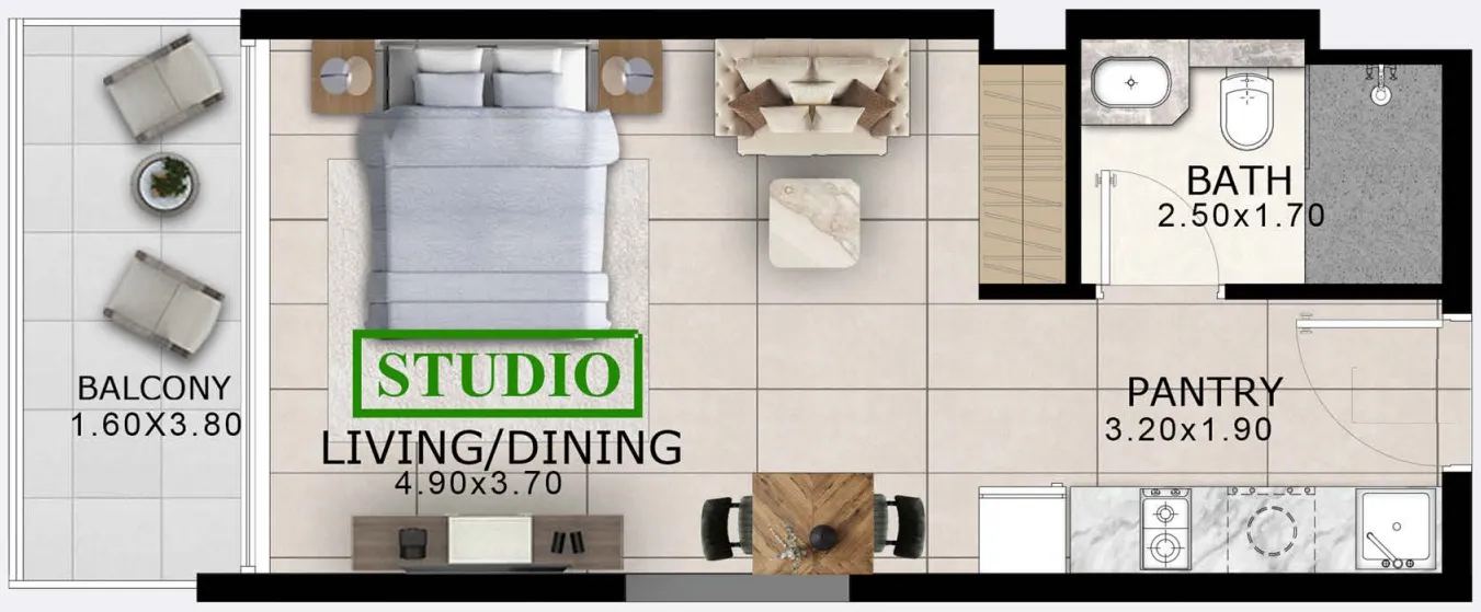 Arlington Park Studio floor plan, 413 sqft