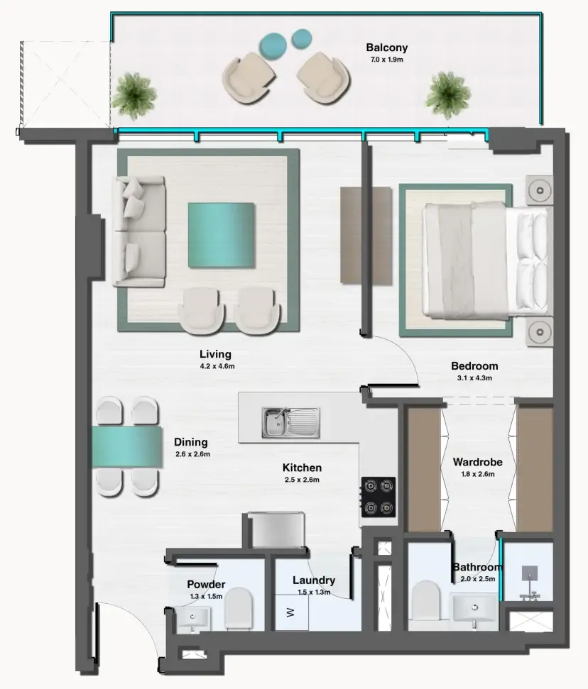 Sereno Residences 1 bed floor plan, 868 sqft