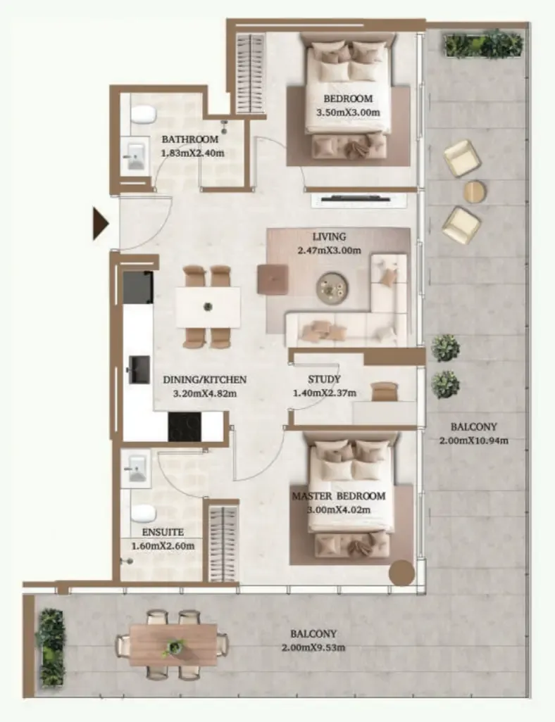 Arthouse Private Residences 2 bed floor plan, 1,132 sqft