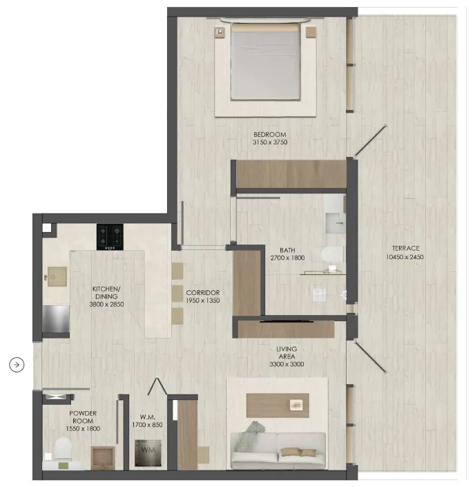 JAD 288 1 bed floor plan, 850 sqft