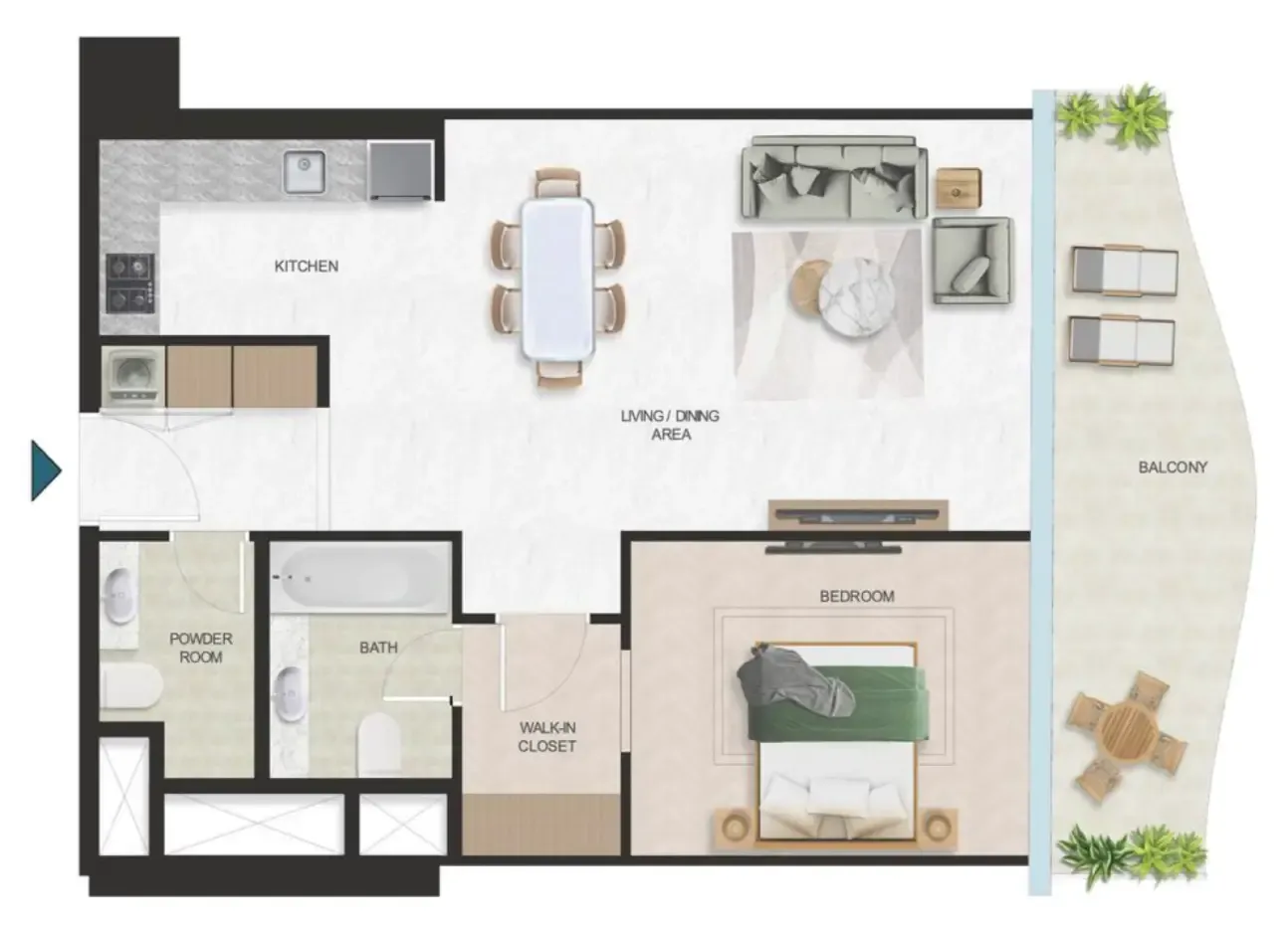 Oystra 1 bed floor plan, 926 sqft