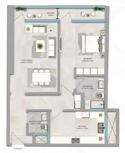 Amwaj Tower 1 bed floor plan, 1,271 sqft