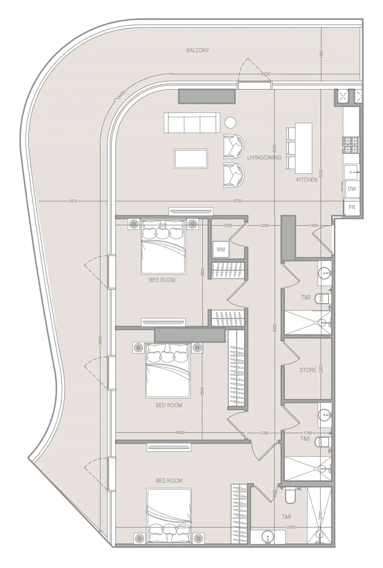 A1LA Residence 3 bed floor plan, 2,051 sqft