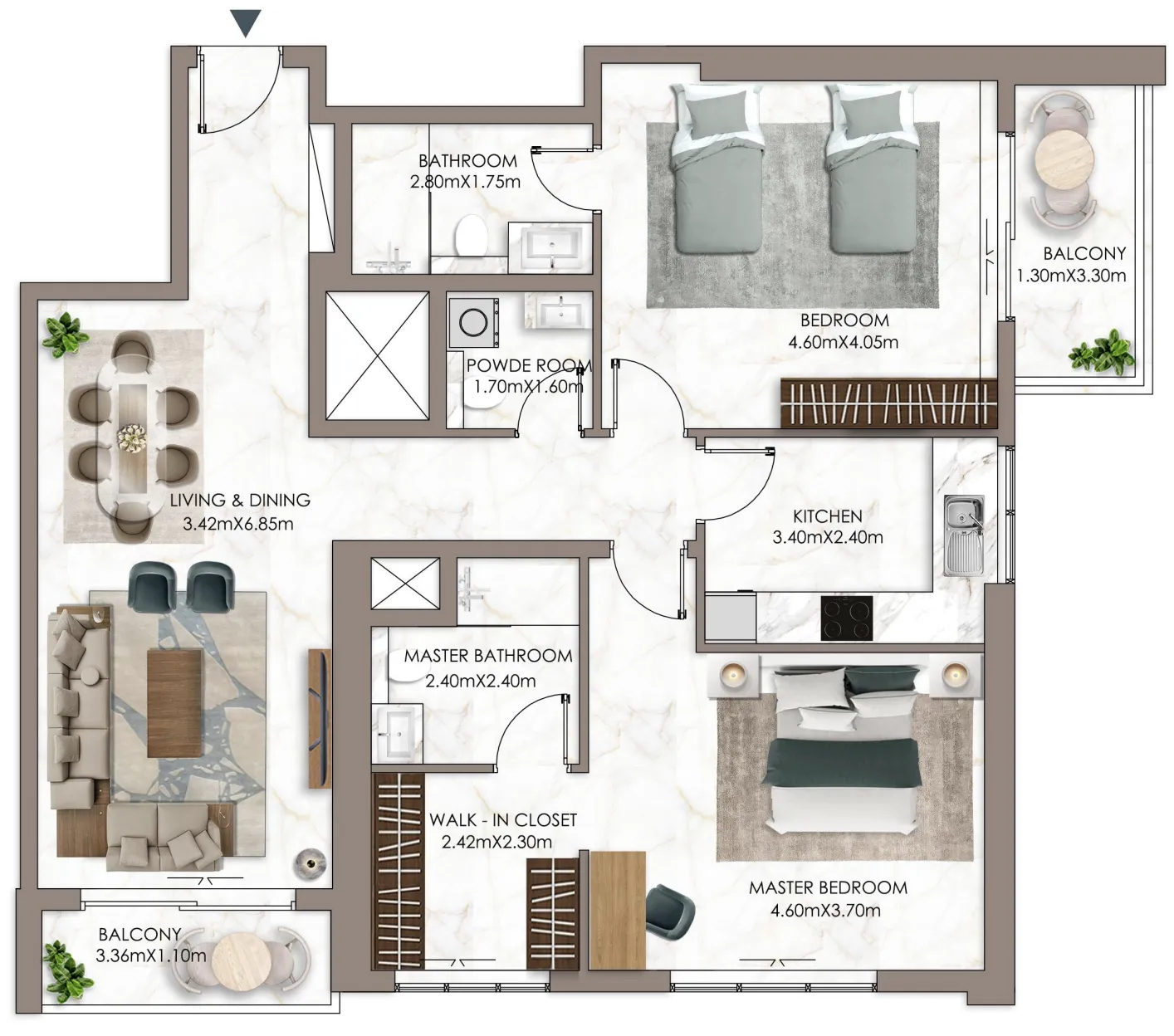 Ajman Creek Towers 2 bed floor plan, 1,777 sqft