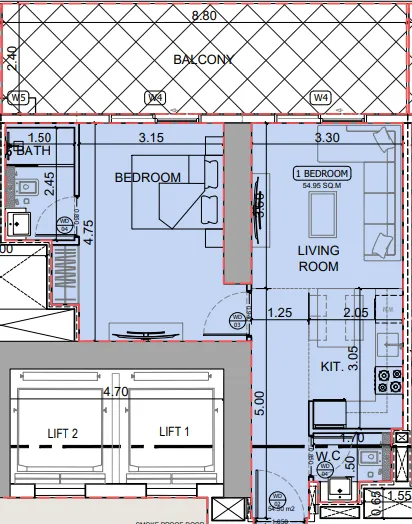 Binghatti Skyhall 1 bed floor plan, 835 sqft