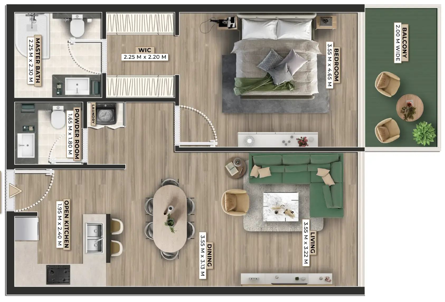 Firoza 1 bed floor plan, 822 sqft