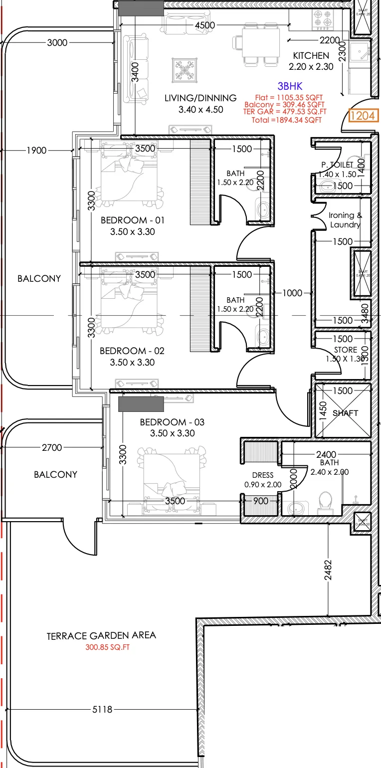 Terra Tower 3 bed floor plan, 1,880 sqft