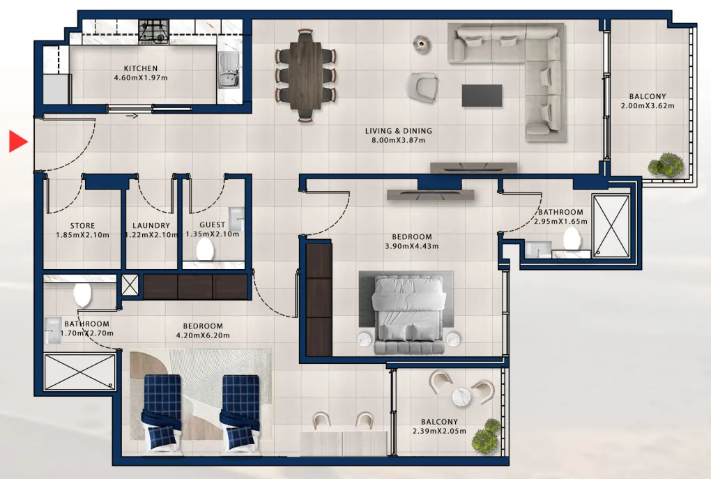 Asayel Avenue 2 bed floor plan, 1,395 sqft
