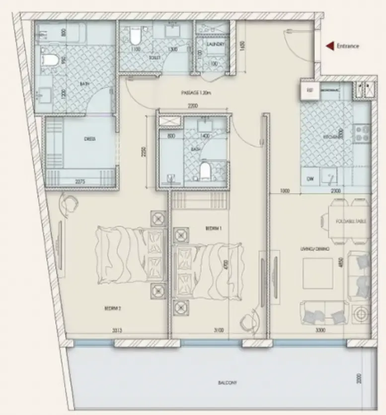 Enaya Residences 2 bed floor plan, 1,374 sqft