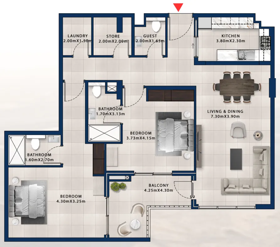 Asayel Avenue 2 bed floor plan, 1,434 sqft