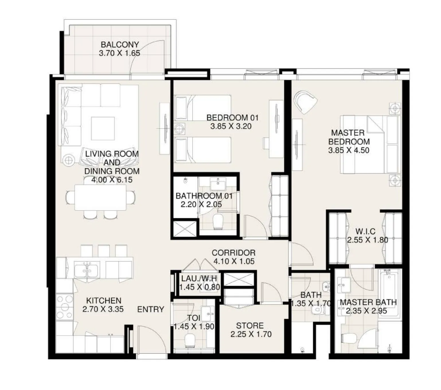 Canal Front Residences 3 and 4 2 bed floor plan, 1,351 sqft