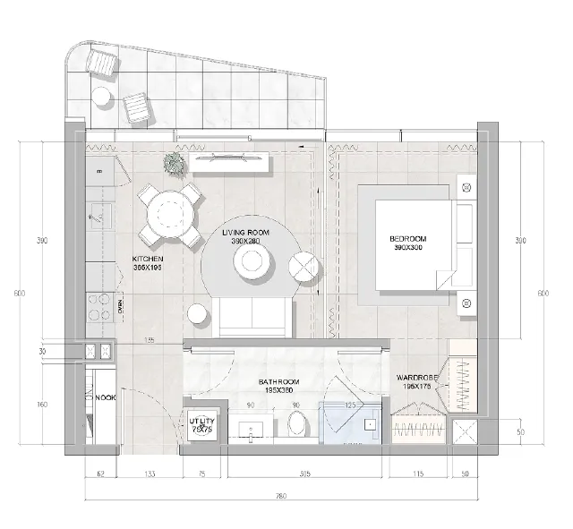 Solera Downtown Mina 1 bed floor plan, 622 – 880 sqft