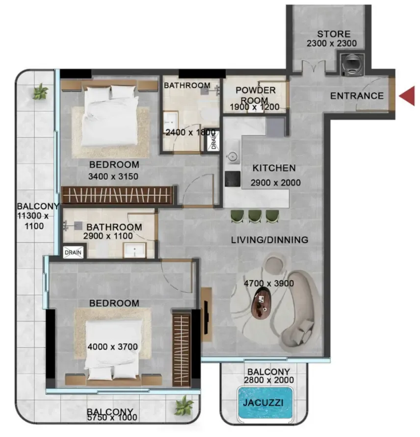 Vivanti Residences by Meteora 2 bed floor plan, 1,228 sqft