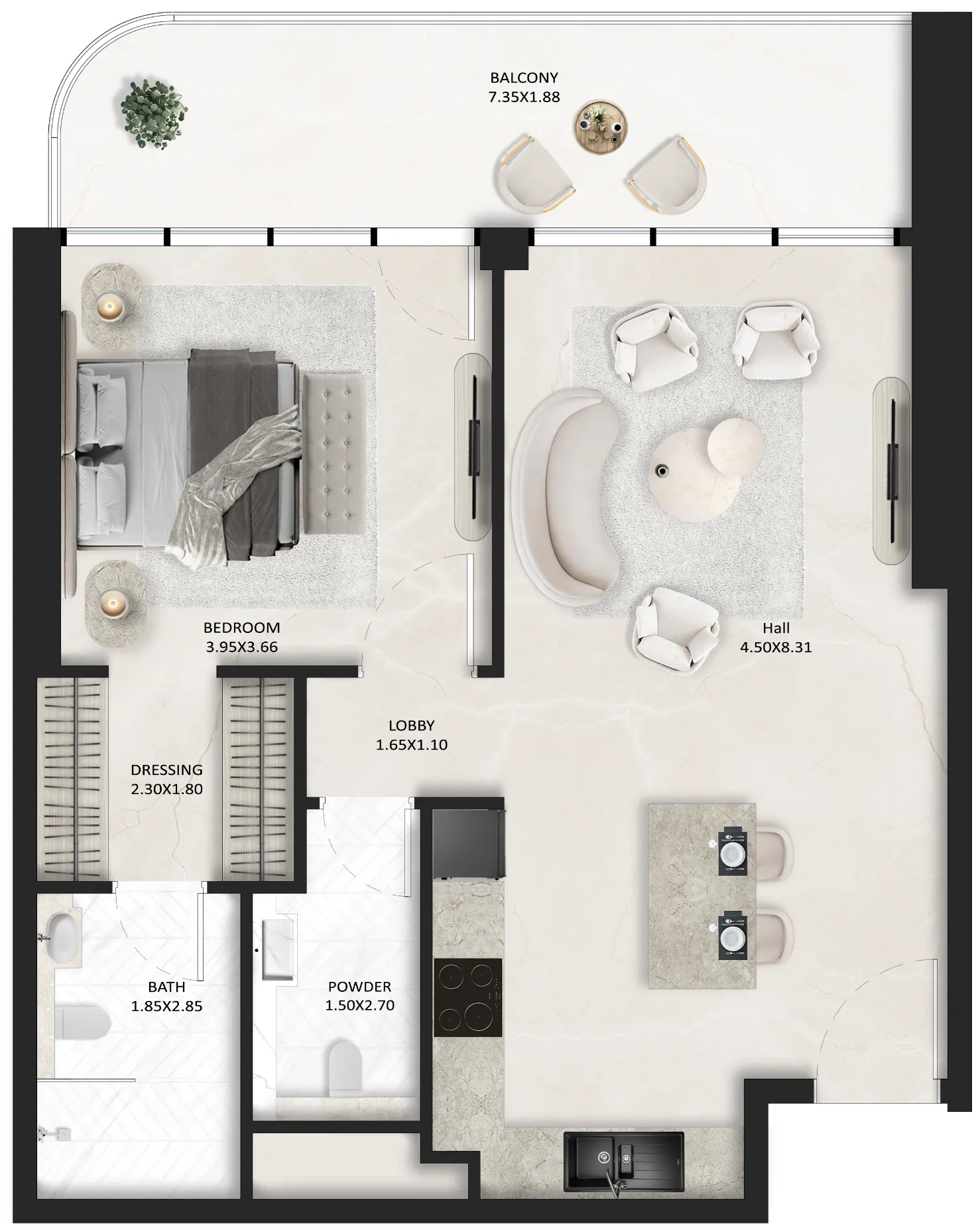 SquareX One 1 bed floor plan, 764 sqft