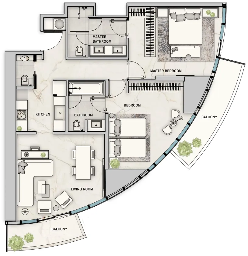 The Biltmore Residences Sufouh 2 bed floor plan, 1,265 sqft