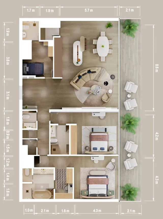 Mandarin Oriental Residences 2 bed floor plan, 2,201 sqft