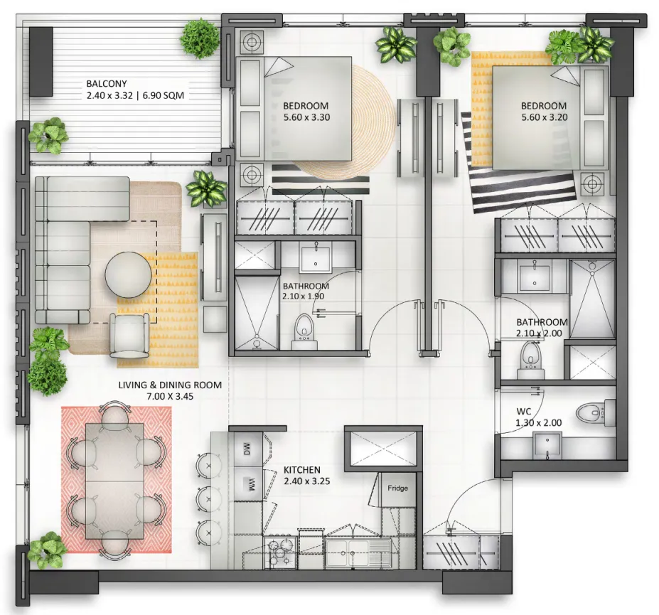 Al Mamsha Sharjah 2 bed floor plan, 1,199 – 1,417 sqft