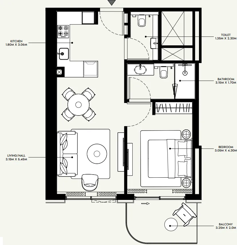 Azizi Venice 1 bed floor plan, 666 sqft