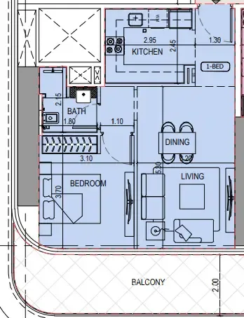 Binghatti Sky Terraces 1 bed floor plan, 711 sqft