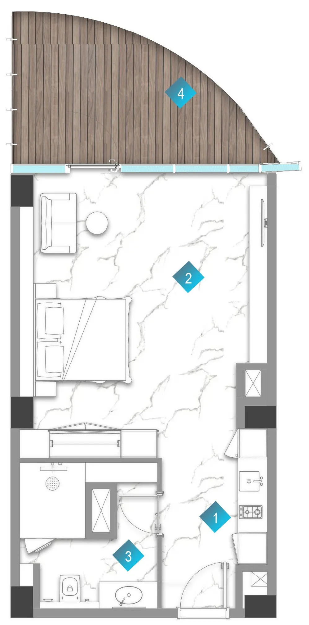 Aqua Arc Studio floor plan, 732 sqft