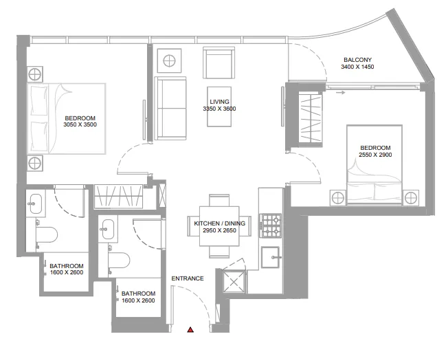 Canalside Marina Residences 2 bed floor plan, 682 sqft
