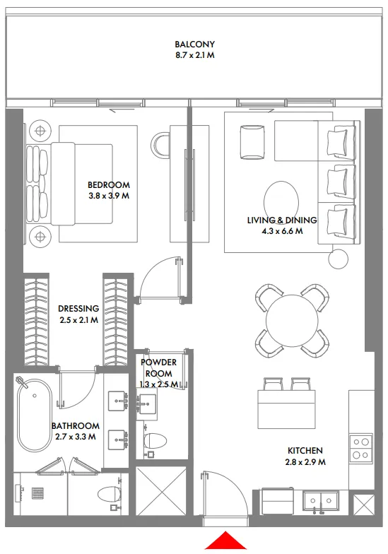 W The Residences by Arada 1 bed floor plan, 1,086 sqft