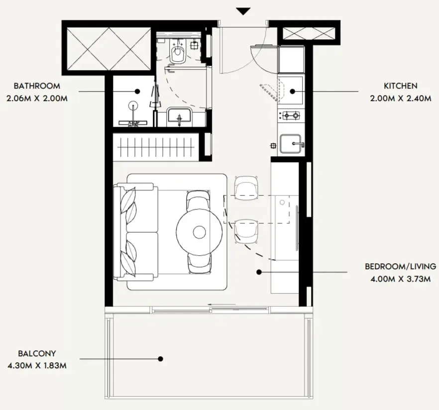 Azizi David Studio floor plan, 358 sqft