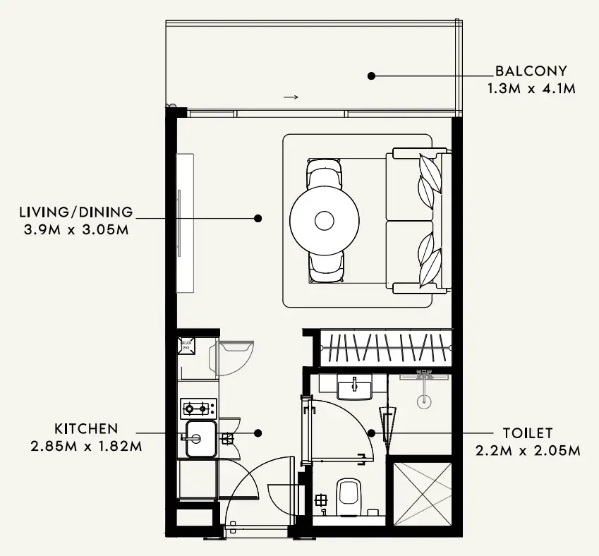 Azizi Milan Studio floor plan, 336 sqft
