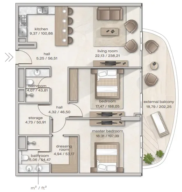 Zephyra Residences 2 bed floor plan, 1,335 sqft