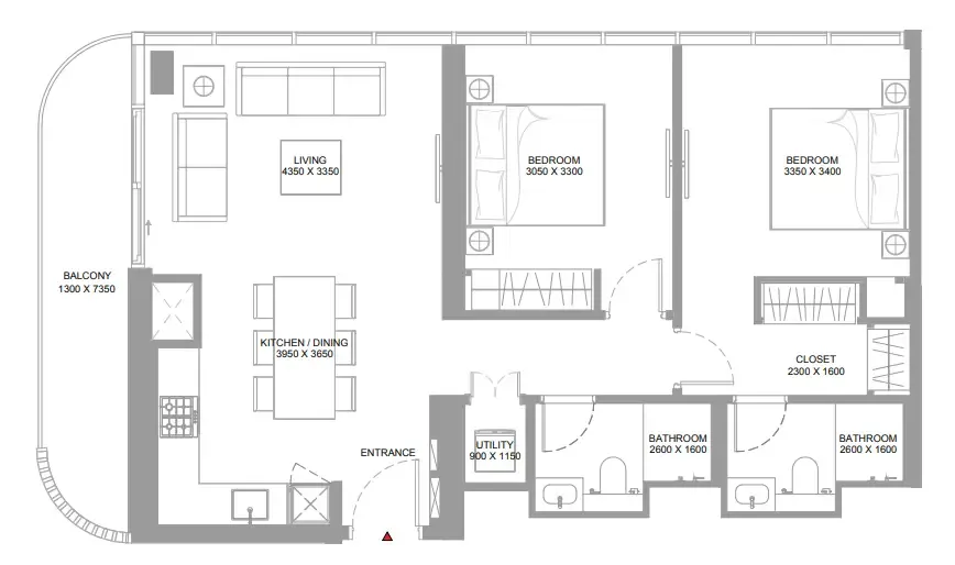 Pearlside Marina Residences 2 bed floor plan, 984 – 987 sqft