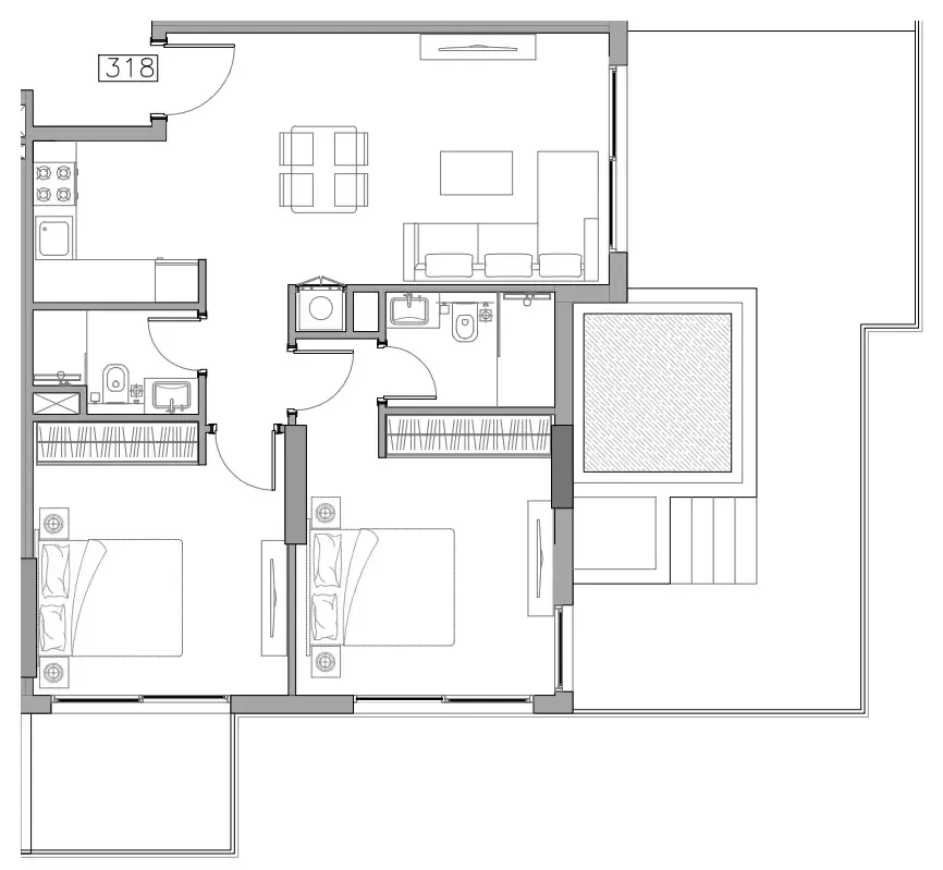 Trevino 2 bed floor plan, 1,242 sqft