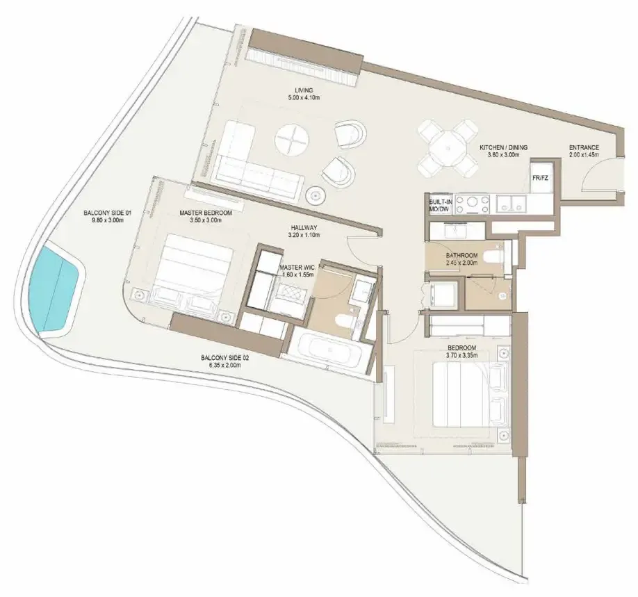 Laguna Residence 2 bed floor plan, 1,066 – 1,175 sqft