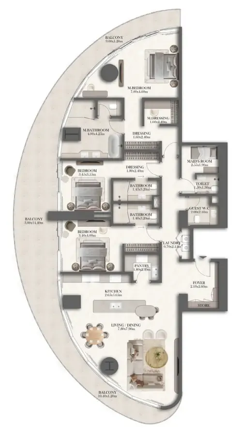 Jumeirah Residences at Al Maryah Island 3 bed floor plan, 2,974 sqft