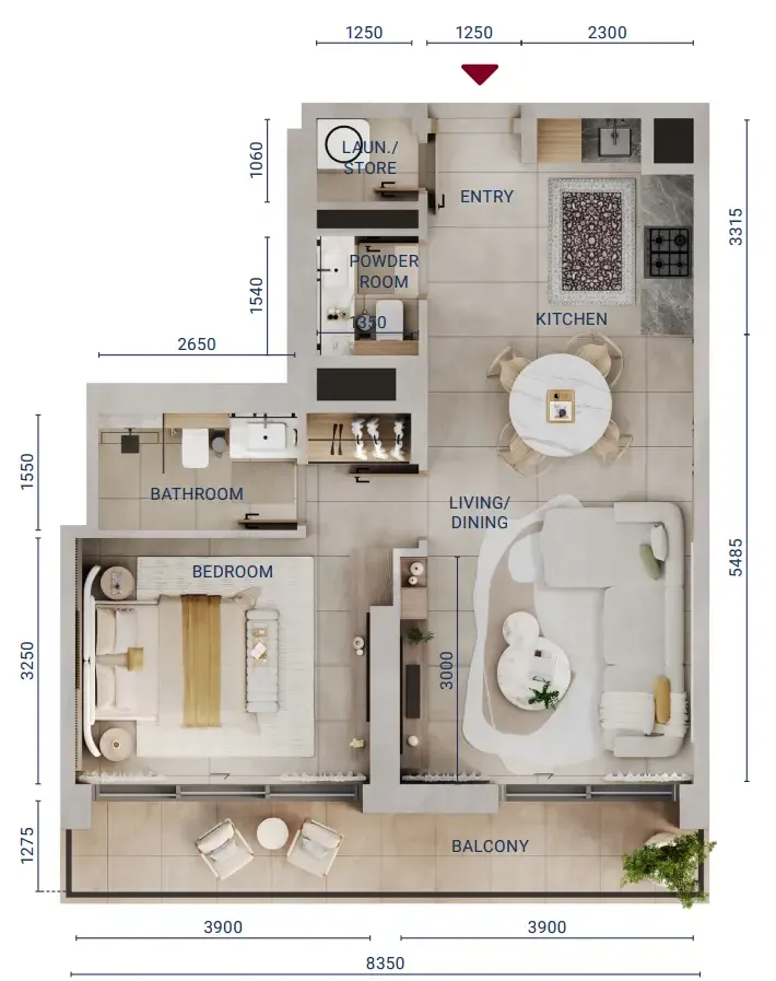 Mirdad 1 bed floor plan, 774 sqft