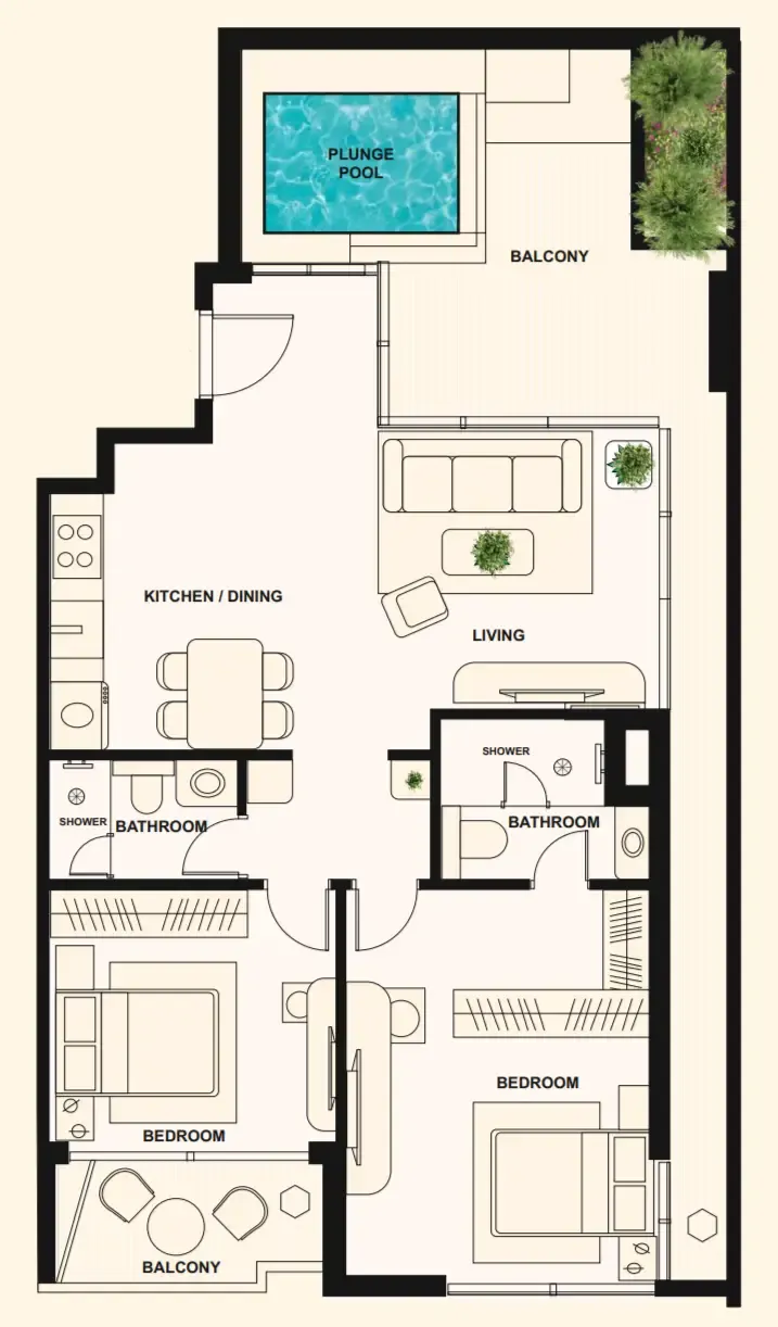 The Elysian 2 bed floor plan, 1,317 sqft