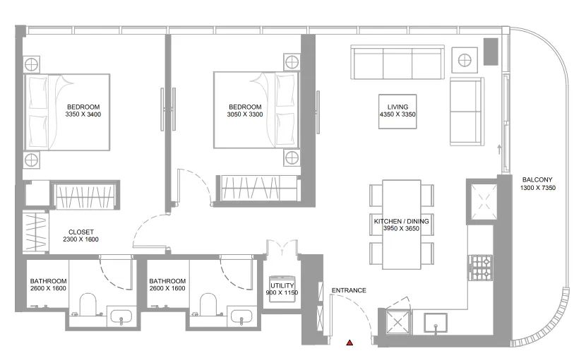 Bayfront Marina Residences 2 bed floor plan, 988 – 989 sqft