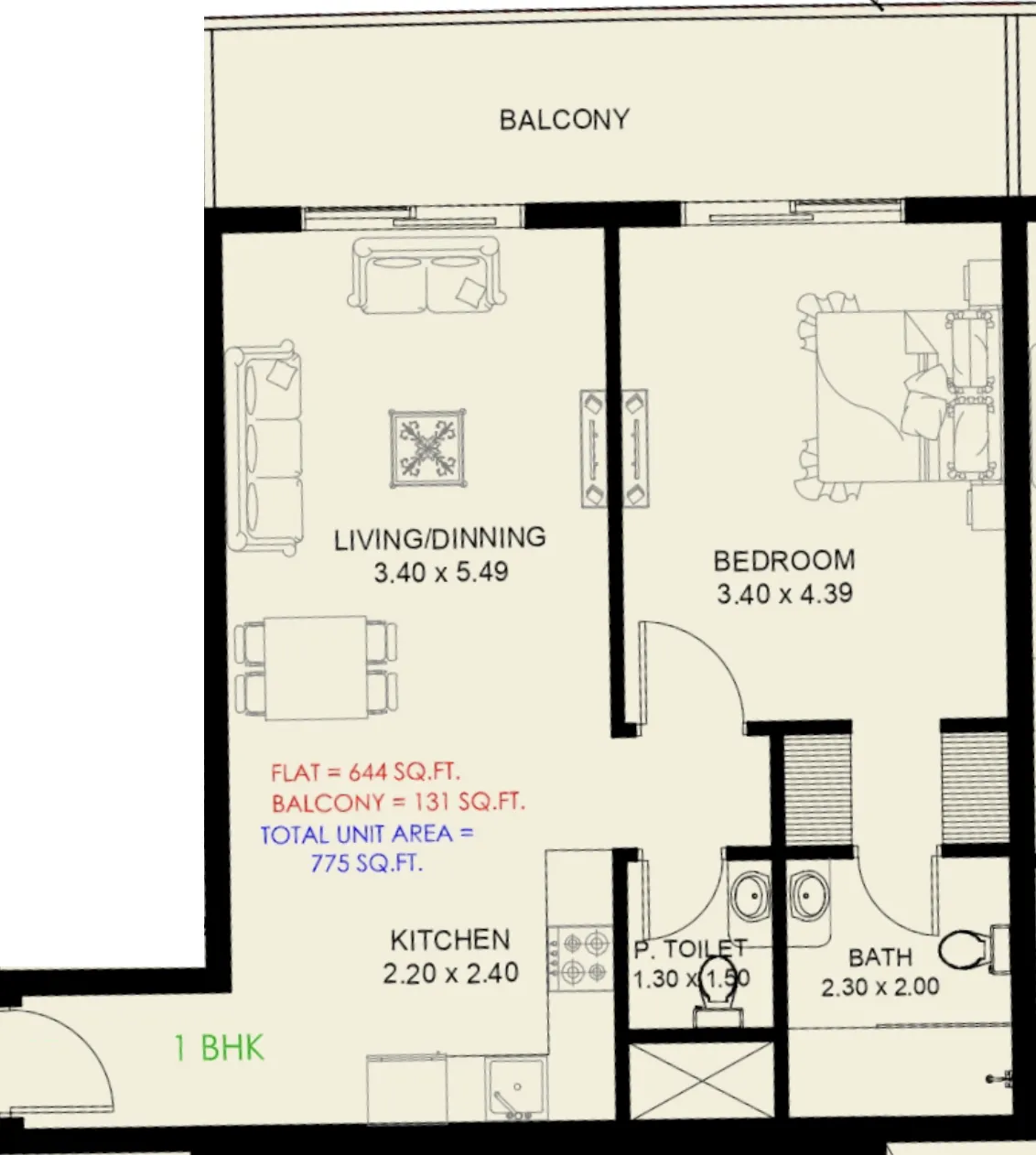 Astra South Studio floor plan, 371 sqft