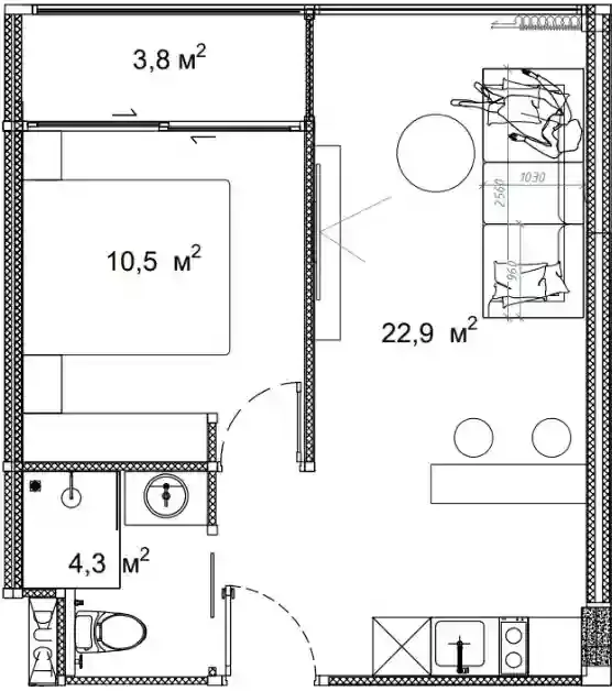 Sun Hills Lakeside 1 bed floor plan, 452 sqft