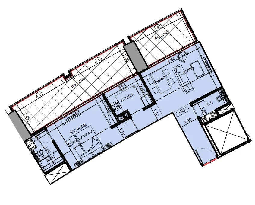 Binghatti Skyrise 1 bed floor plan, 1,022 sqft