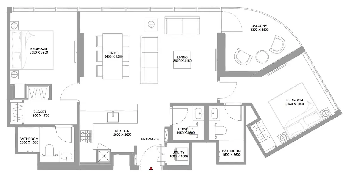 Bayfront Marina Residences 2 bed floor plan, 1,022 sqft